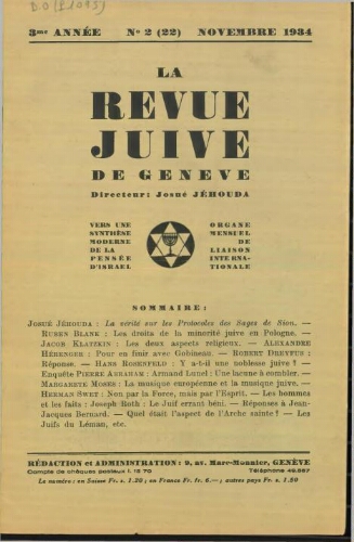 La Revue Juive de Genève. Vol. 3 n° 2 fasc. 22 (novembre 1934)